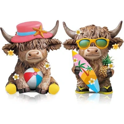 Citrus 2 Pcs Summer Highland Cow Decorations For Home, Beach Seaside Highland Cow Resin Figurines For Tiere In Multi