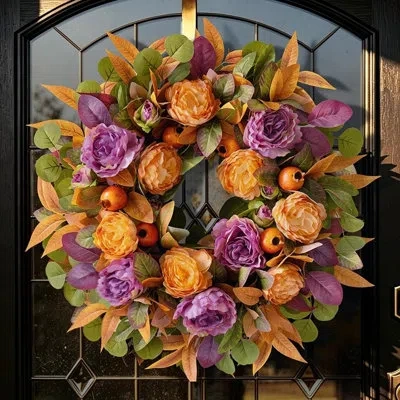 Citrus 24" Harvest Fall Wreath – Orange & Purple Peony With Eucalyptus Front Door Décor For Farmhouse Thank In Multi