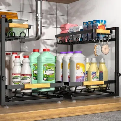 Citrus 2-pack 2-tier Height Adjustable Under Sink Organizers, Space-saving Cabinet Storage Shelves For Kitc In Black