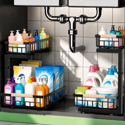 Citrus 2-pack Under Sink Organizers, 2-tier Pull-out Metal Storage Shelves With Waterproof Mats, Slide-out  In Black