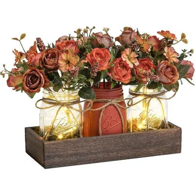 Citrus 3 Pcs Mason Jar Centerpiece Table Decor With Wooden Tray And Led Lights, Farmhouse Dining Table Deco In Multi