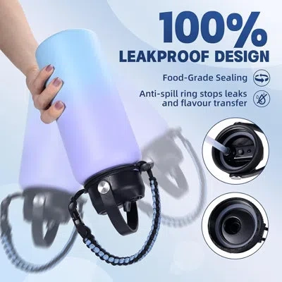 Citrus 32oz Insulated Stainless Steel Water Bottle – Wide Mouth Double-wall Vacuum Sports Bottle With 2 Lea In Black