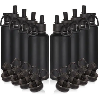 Citrus 32oz Insulated Water Bottles Bulk 8 Pack With Straw Lid & Spout Lid,stainless Steel Sports Water Bot In Black