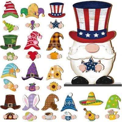 Citrus 32-piece Interchangeable Wooden Gnome Welcome Sign With Magnetic Seasonal Pieces, Fall & Halloween T In Multi
