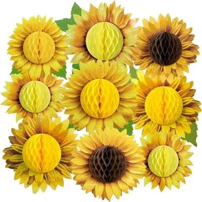 Citrus 3d Sunflower Party Decorations, Large Honeycomb Hanging Paper Sunflowers For Birthday, Summer Party,