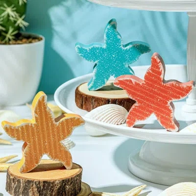 Citrus 3-piece Ocean Beach Tiered Tray Decor Set, Rustic Wooden Nautical Summer Signs With Starfish, Farmho In Blue,yellow,orange