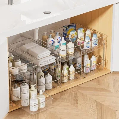 Citrus 4-pack 2-tier Under Sink Organizers, Pull-out Bathroom Storage Drawers With Clear Bins, Stainless St In White