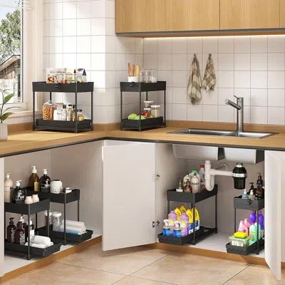 Citrus 4-pack Under-sink 2-tier Pull-out Cabinet Organizer With Hooks And Cups – Black In Matte Black