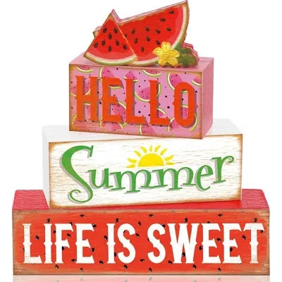 Citrus 4-piece Watermelon Summer Tiered Tray Decor Set, "life Is Sweet" Wooden Faux Book Stack & Farmhouse  In Multicolor