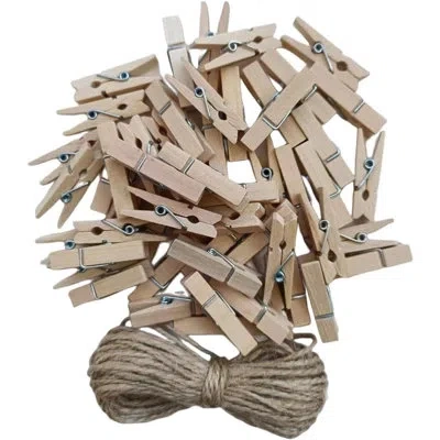 Citrus 50-pack Mini Wooden Clothespins With Jute Twine, Small Natural Wood Clips For Photos, Crafts, Decora In Brown