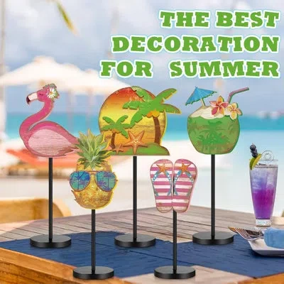 Citrus 5-piece Summer Beach Table Decor Set, Tropical Flamingo, Pineapple & Coconut Wooden Centerpieces For In Multi