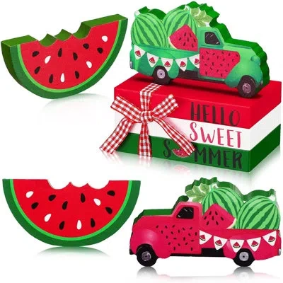 Citrus 5-piece Watermelon Summer Table Decor Set, "hello Sweet Summer" Wooden Truck Tabletop Centerpieces F In Multi