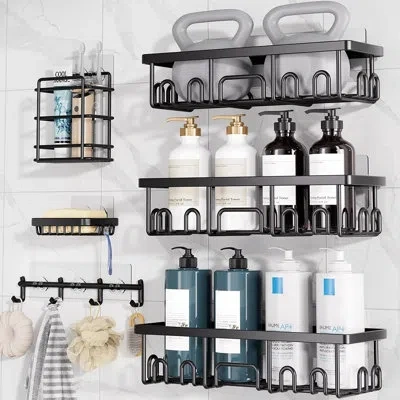 Citrus 6-pack Shower Caddies With Hooks, Bathroom Storage Organizers, Wall-mounted Shower Shelves, Black
