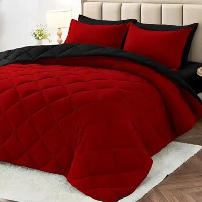 Citrus 7-piece Queen Comforter Set, Reversible Bed In A Bag, Ultra-soft All-season Bedding, Red & Black