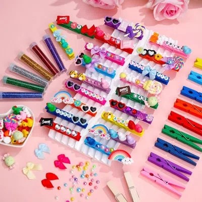 Citrus 80-set Cheer Spirit Clothespin Craft Kit, Wooden Clips With Resin Charms, Bows, Beads & Ribbon In Multi