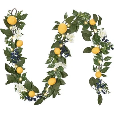 Citrus Artificial Lemon Garland With Lights, Faux Lemons Eucalyptus And Blueberry Summer Garland For Mantel In Multi