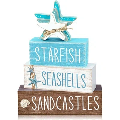Citrus Beach Summer Table Decor Set Of 4, Starfish And Seashell Coastal Wooden Block Signs, Nautical Tiered
