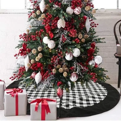 Citrus Black And White Buffalo Plaid Christmas Tree Skirt, Double-layer Rustic Holiday Decor In White;black