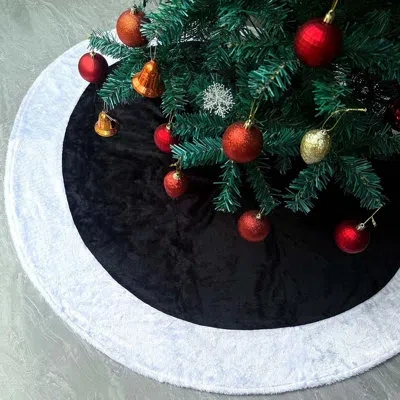 Citrus Black & White Faux Fur Christmas Tree Skirt – Soft Plush Neutral Tree Base Mat For Christmas & Holid In White;black