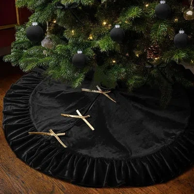 Citrus Black Velvet Christmas Tree Skirt With Bow & Ruffled Edge – Luxury Plush Vintage Holiday Tree Base D