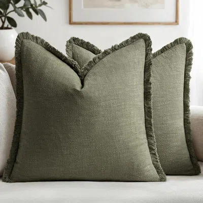 Citrus Boho Linen Throw Pillow Covers With Fringe, 20" X 20" Decorative Cushion Cases, Olive Green