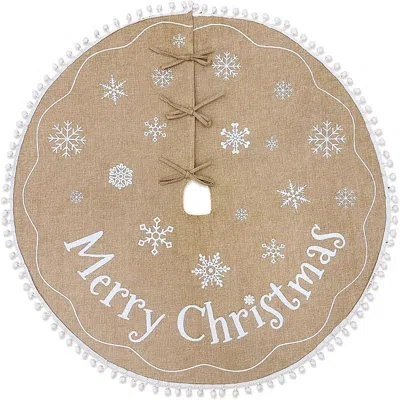 Citrus Brown Burlap Christmas Tree Skirt With White Snowflakes & Merry Christmas Print – Rustic Holiday Tre In White;brown