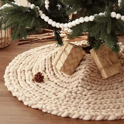 Citrus Chunky Knit Christmas Tree Skirt, Crochet Beige Rustic Farmhouse Tree Decor
