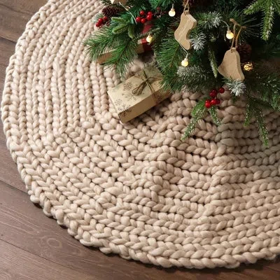 Citrus Chunky Knit Christmas Tree Skirt, Crochet Beige Rustic Farmhouse Tree Decor In Neutral