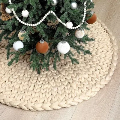 Citrus Chunky Knitted Christmas Tree Skirt, Beige Crochet Tree Mat, Rustic Farmhouse Holiday Decor
