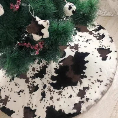 Citrus Cow Print Christmas Tree Skirt, Black And White Faux Fur Tree Mat, Farmhouse Rustic Holiday Decor In White;brown;black