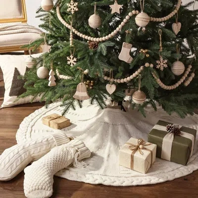 Citrus Cream White Braided Cable Knit Christmas Tree Skirt – Chunky Rustic Farmhouse Tree Base Decor For Ho