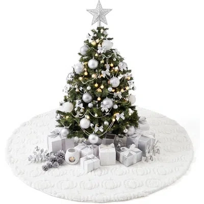 Citrus Cream White Plush Fall Tree Skirt With 3d Pumpkins – Faux Fur Farmhouse Autumn Thanksgiving & Hallow In Cream;white