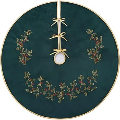 Citrus Dark Green Velvet Christmas Tree Skirt With Holly Embroidery & Plush Fur Trim, Vintage Holiday Decor