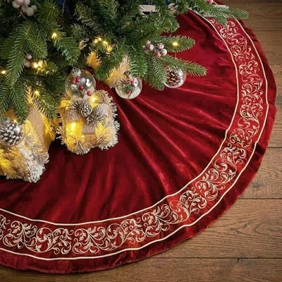 Citrus Elevate Your Holiday Décor With This Luxurious Red Velvet Christmas Tree Skirt, Featuring Intricate 