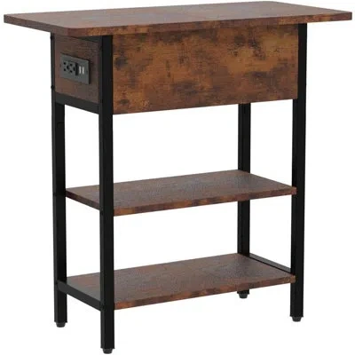 Citrus End Table With Charging Station, Flip-top Side Table With Usb Ports, Power Outlets & Storage Shelves In Brown