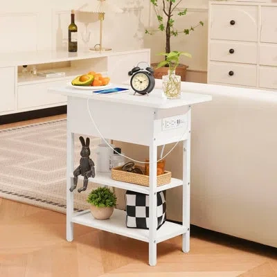 Citrus End Table With Charging Station, Flip-top Side Table With Usb Ports, Power Outlets & Storage Shelves In White