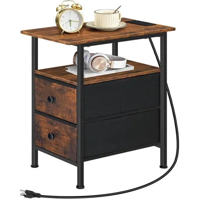 Citrus End Table With Charging Station, Narrow Side Table With 2 Fabric Drawers, Slim Nightstand For Small  In Brown