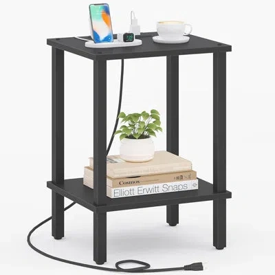 Citrus End Table With Charging Station, Side Table With Usb Ports And Ac Outlets, 2-tier Nightstand With St In Black