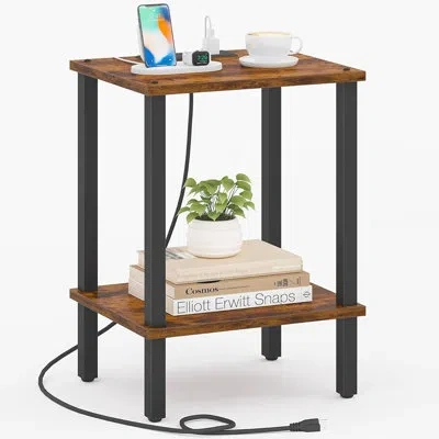 Citrus End Table With Charging Station, Side Table With Usb Ports And Ac Outlets, 2-tier Nightstand With St In Brown