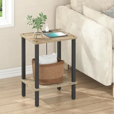Citrus End Table With Charging Station, Small Side Table With Ac Outlets, 2-tier Nightstand With Storage Sh In Brown