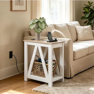 Citrus Farmhouse Narrow End Table With Charging Station, Slim Side Table With 2 Usb Ports & 2 Power Outlets In Brown