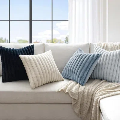 Citrus Faux Fur Throw Pillow Covers, 18" X 18" Plush Decorative Cushion Cases, Navy Blue In Multi