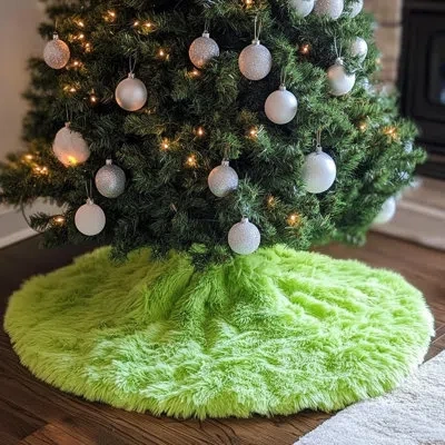 Citrus Green Faux Fur Christmas Tree Skirt, Soft Plush Double-layer Tree Base Cover For Holiday Décor And C