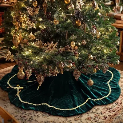 Citrus Green Velvet Christmas Tree Skirt With Gold Lace Trim, Bow Tie & Scalloped Edge, Elegant Vintage Hol