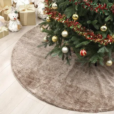 Citrus Grey Brown Faux Fur Christmas Tree Skirt – Plush Luxury Tree Base Cover Mat For Holiday & Winter Dec In Beige;brown