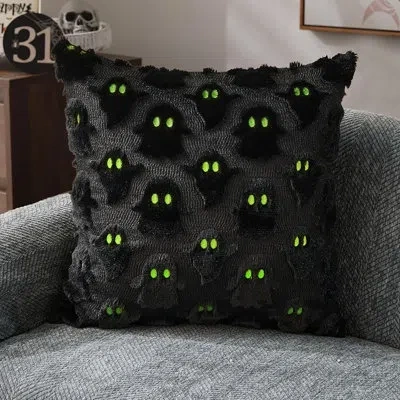 Citrus Halloween Black Ghost Plush Pillow Covers Set | Faux Fur Spooky Cushion Cases For Fall Home Décor