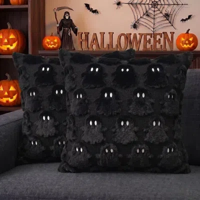 Citrus Halloween Ghost Plush Pillow Covers Set | Faux Fur Spooky Cushion Cases For Fall Home Décor In Black