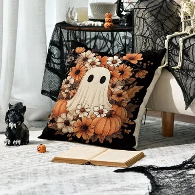 Citrus Halloween Ghost Pumpkin Throw Pillow Covers | Spooky Orange Flower Cushion Cases For Fall Farmhouse  In Black