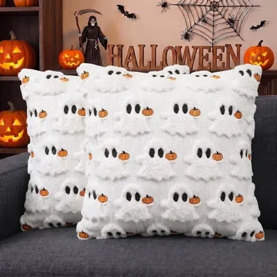 Citrus Halloween Ghost Pumpkin Throw Pillow Covers | Spooky Plush Faux Fur Cushion Cases For Seasonal Home  In Multi