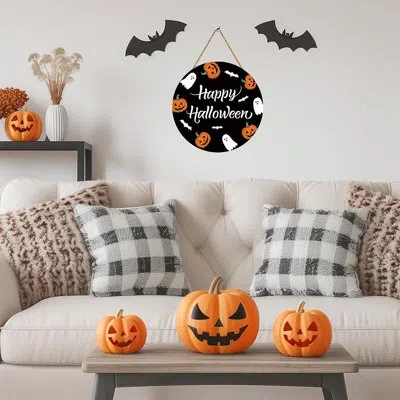 Citrus Halloween Ghost Wreath Door Hanger – Wooden Bat, Pumpkin & Ghost Front Door Décor In White;black;orange